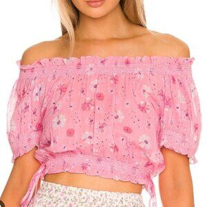 LoveShackFancy Rosalinda Pink Floral Smocked Off the Shoulder Top - sz S